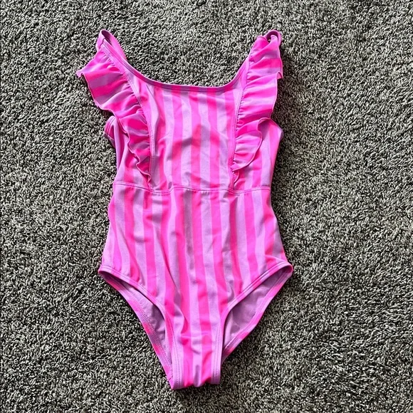 Pink Striped Ruffle Swimsuit - Picture 1 of 9
